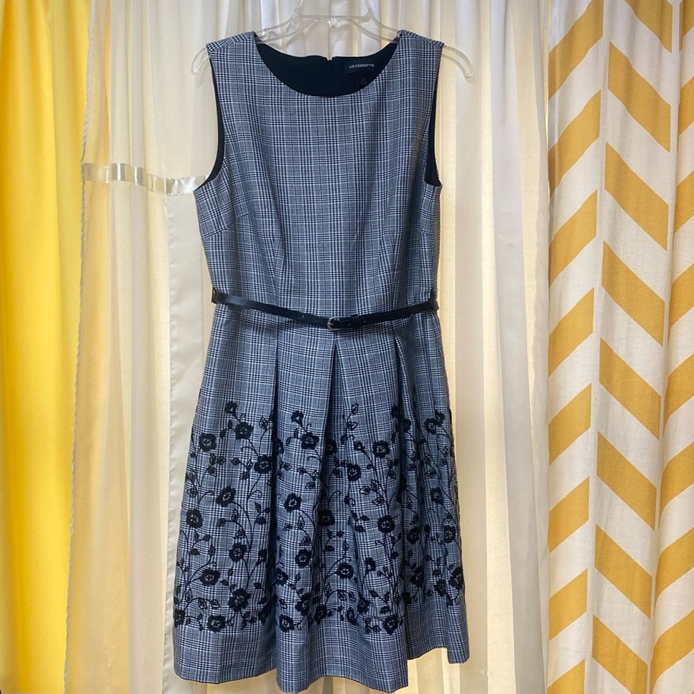 Liz Claiborne Gray Checkard Floral Embroidered Dress Size 10